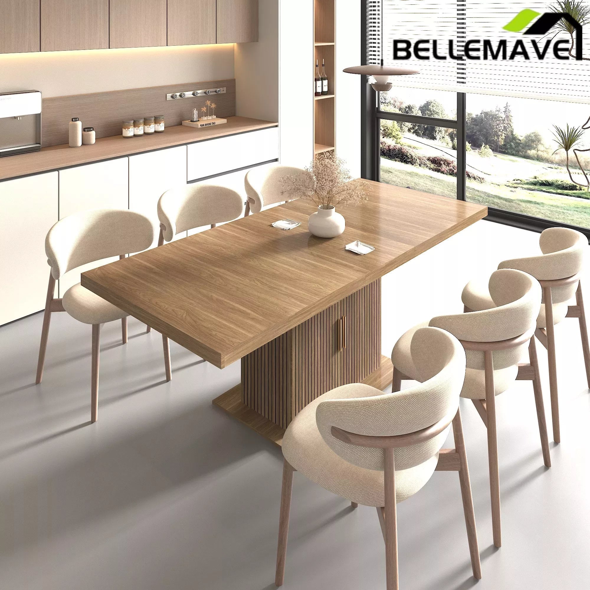Bellemave® 62.99"-78.74" Expandable Dining Table with Storage, Extendable Dining Table for 6-10 People, Extra Hidden Storage for Tableware & Wine, Modern Farmhouse Table - Bellemave