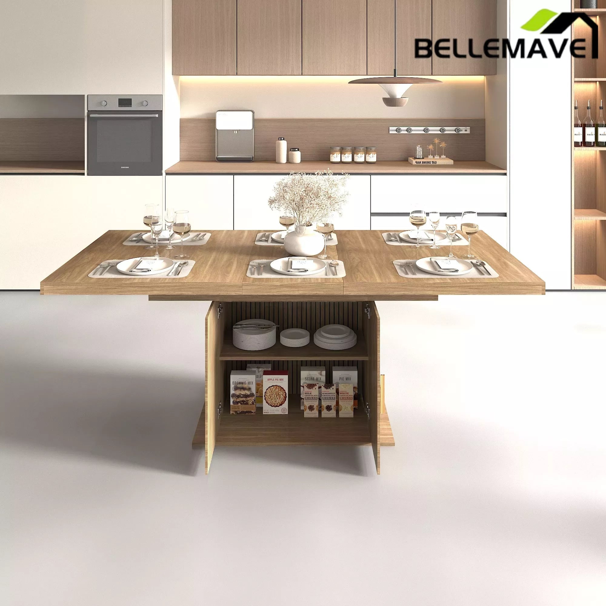 Bellemave® 62.99"-78.74" Expandable Dining Table with Storage, Extendable Dining Table for 6-10 People, Extra Hidden Storage for Tableware & Wine, Modern Farmhouse Table - Bellemave