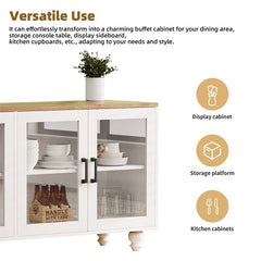 Bellemave® 63" Farmhouse TV Stand with Tempered Glass Doors,Adjustable Shelves and 5 Solid Wood Gourd - Shaped Legs - Bellemave