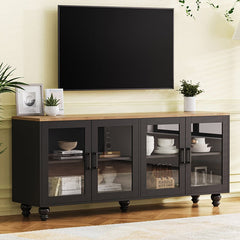 Bellemave® 63" Farmhouse TV Stand with Tempered Glass Doors,Adjustable Shelves and 5 Solid Wood Gourd - Shaped Legs - Bellemave