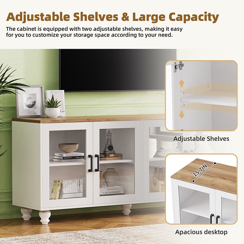 Bellemave® 63" Farmhouse TV Stand with Tempered Glass Doors,Adjustable Shelves and 5 Solid Wood Gourd - Shaped Legs - Bellemave