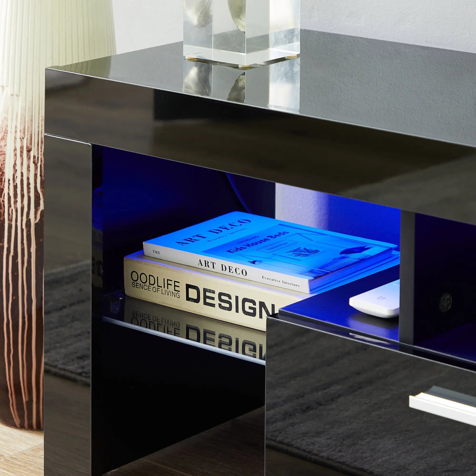 Bellemave® 63" Fashion TV Stand with LED Light Belt, Toughened Glass Shelf and Metal Handle - Bellemave