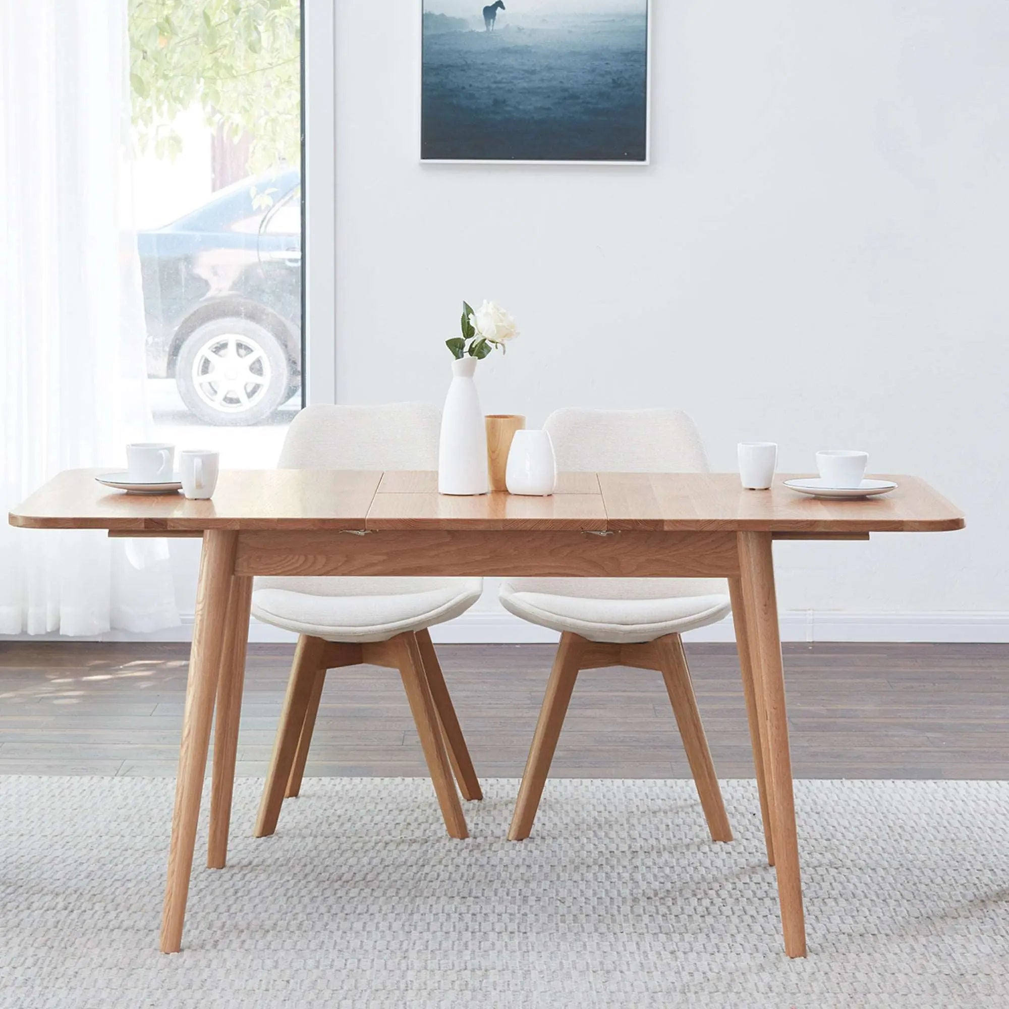 Bellemave® 63" Natural Solid Oak Round Corner Diagonal Leg Telescopic Table - Bellemave