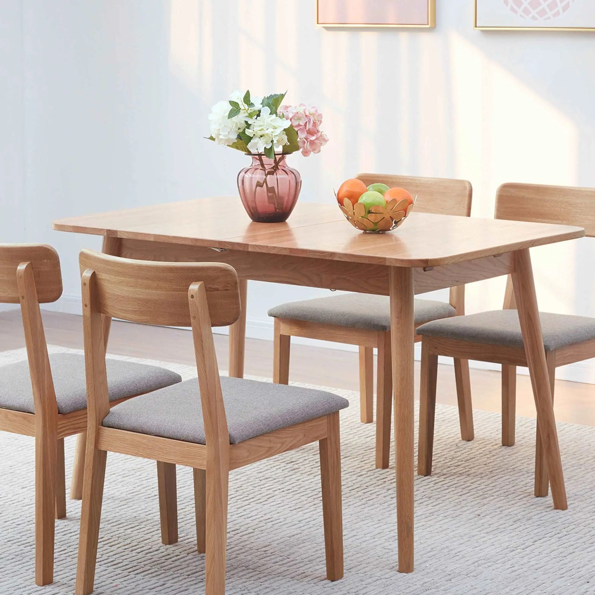 Bellemave® 63" Natural Solid Oak Round Corner Diagonal Leg Telescopic Table - Bellemave