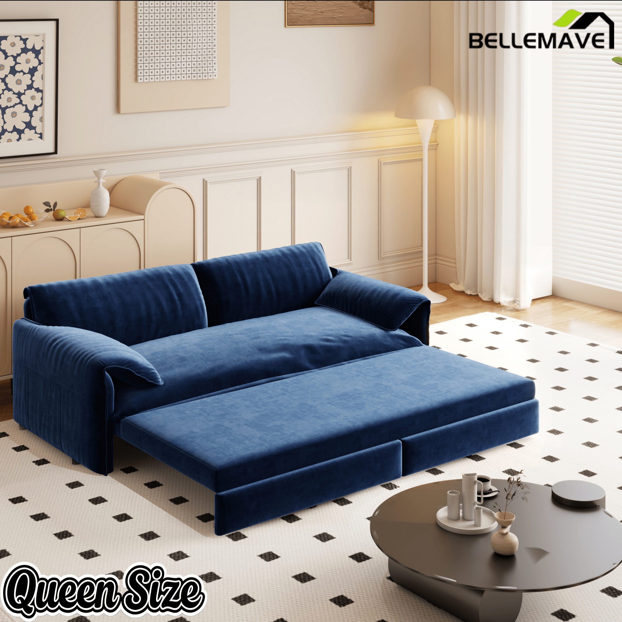 Bellemave® 66'' Velvet Queen Sleeper Sofa Bed, 3 - in - 1 Convertible Couch with Armrest for Living Room & Apartment - Bellemave