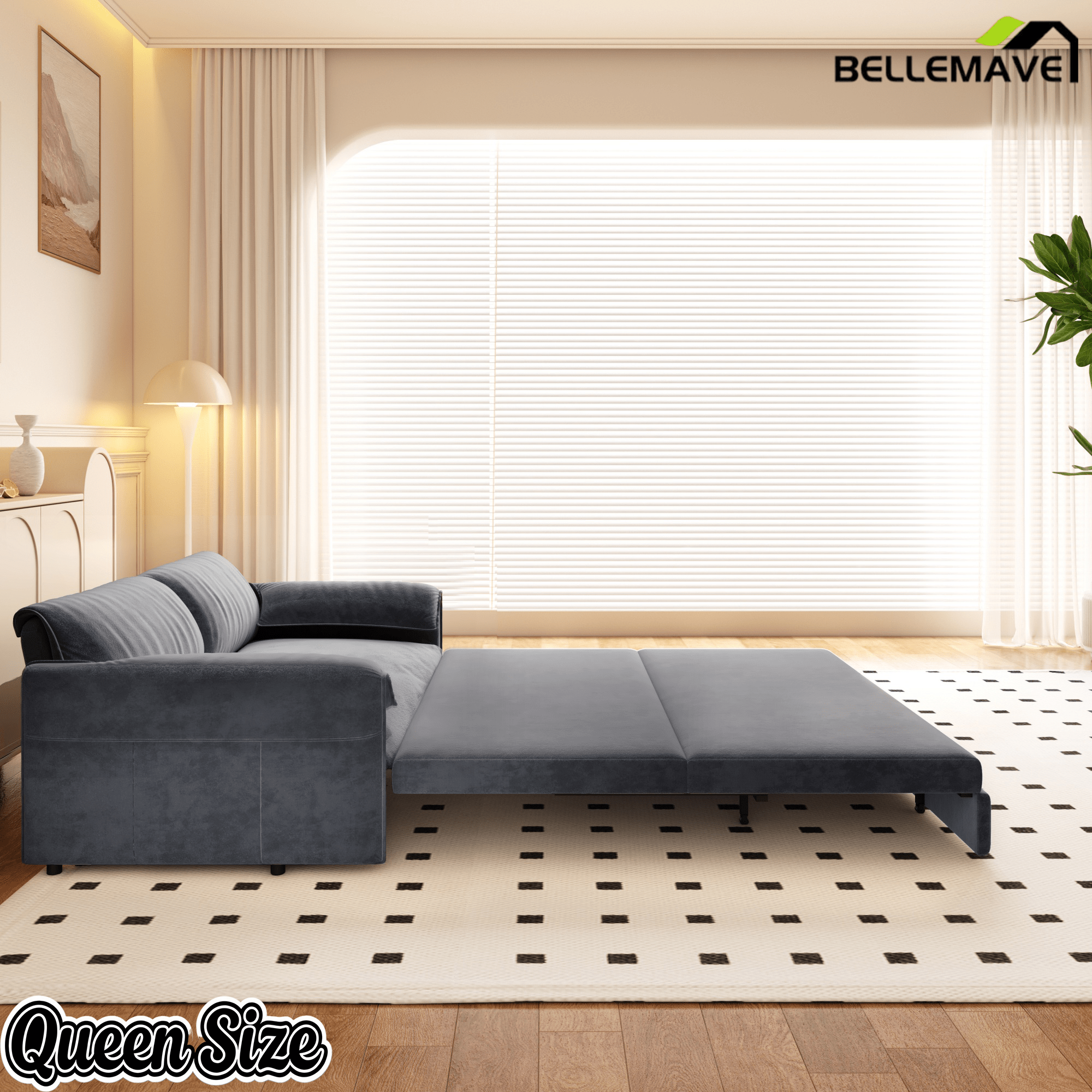 Bellemave® 66'' Velvet Queen Sleeper Sofa Bed, 3 - in - 1 Convertible Couch with Armrest for Living Room & Apartment - Bellemave