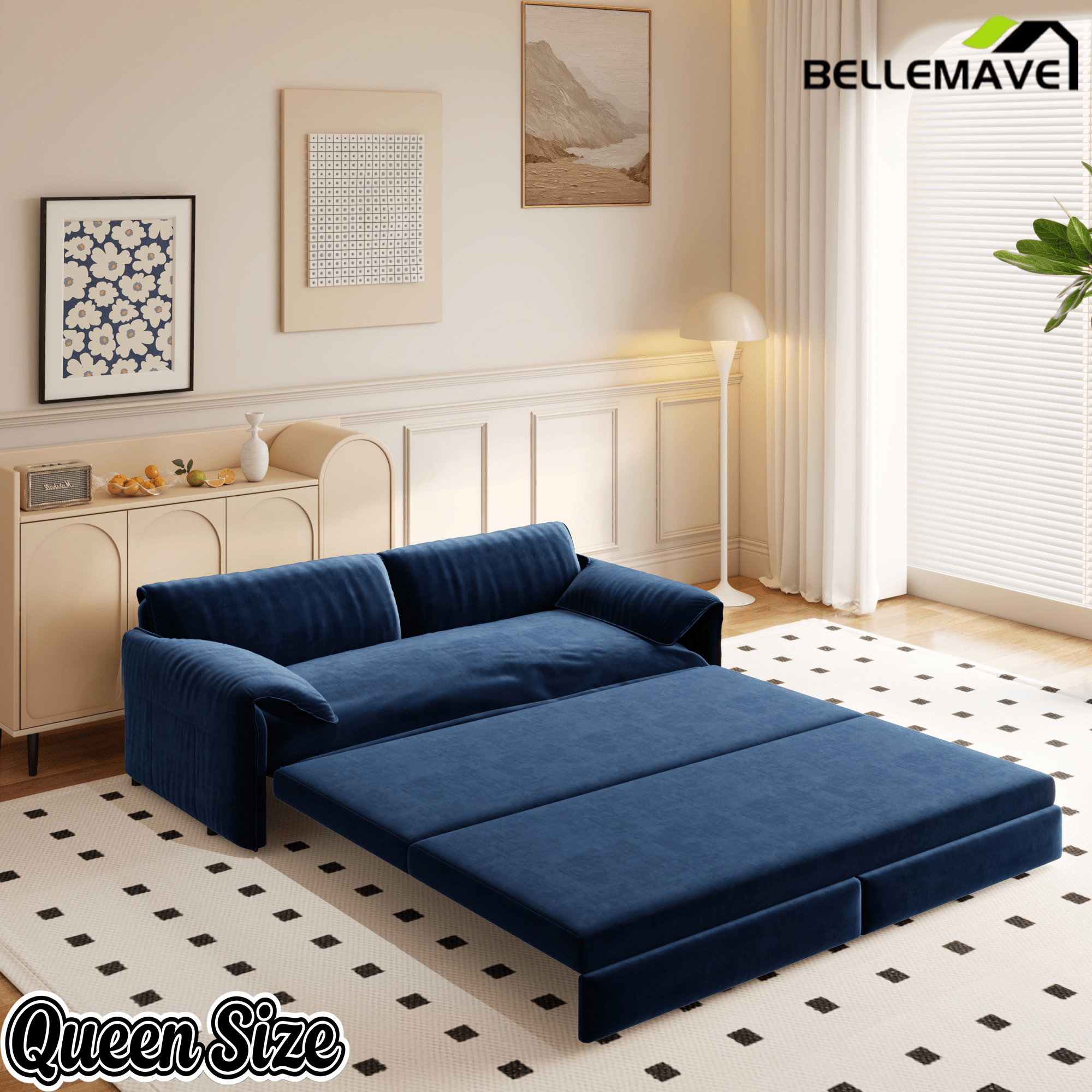 Bellemave® 66'' Velvet Queen Sleeper Sofa Bed, 3 - in - 1 Convertible Couch with Armrest for Living Room & Apartment - Bellemave