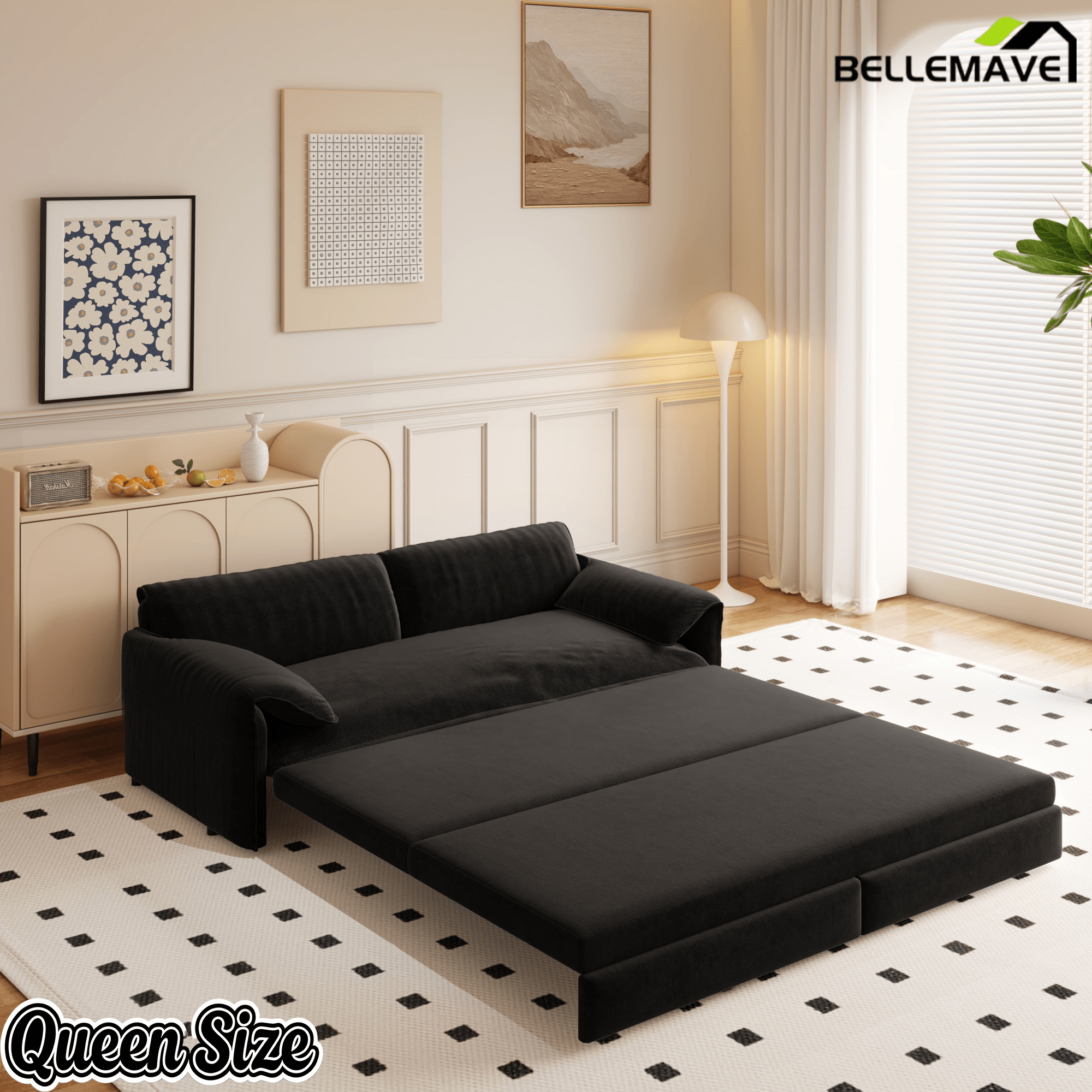 Bellemave® 66'' Velvet Queen Sleeper Sofa Bed, 3 - in - 1 Convertible Couch with Armrest for Living Room & Apartment - Bellemave