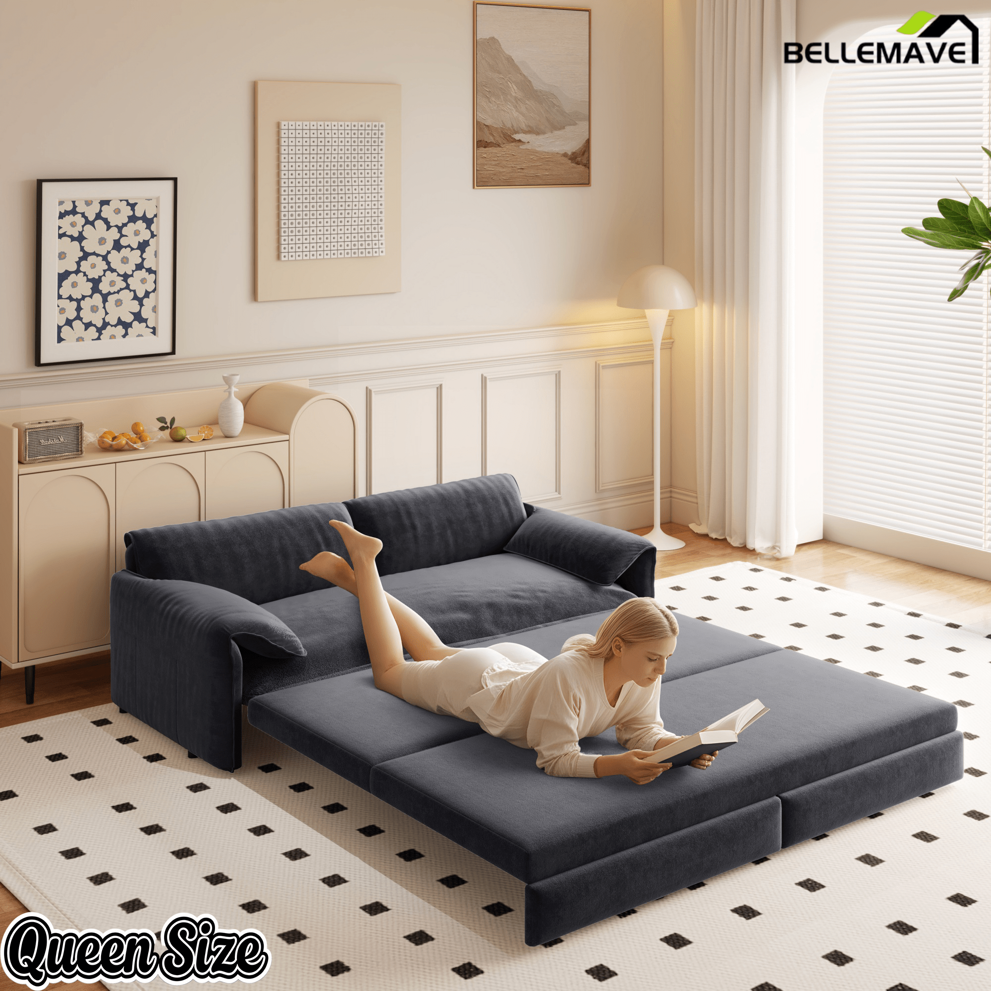 Bellemave® 66'' Velvet Queen Sleeper Sofa Bed, 3 - in - 1 Convertible Couch with Armrest for Living Room & Apartment - Bellemave