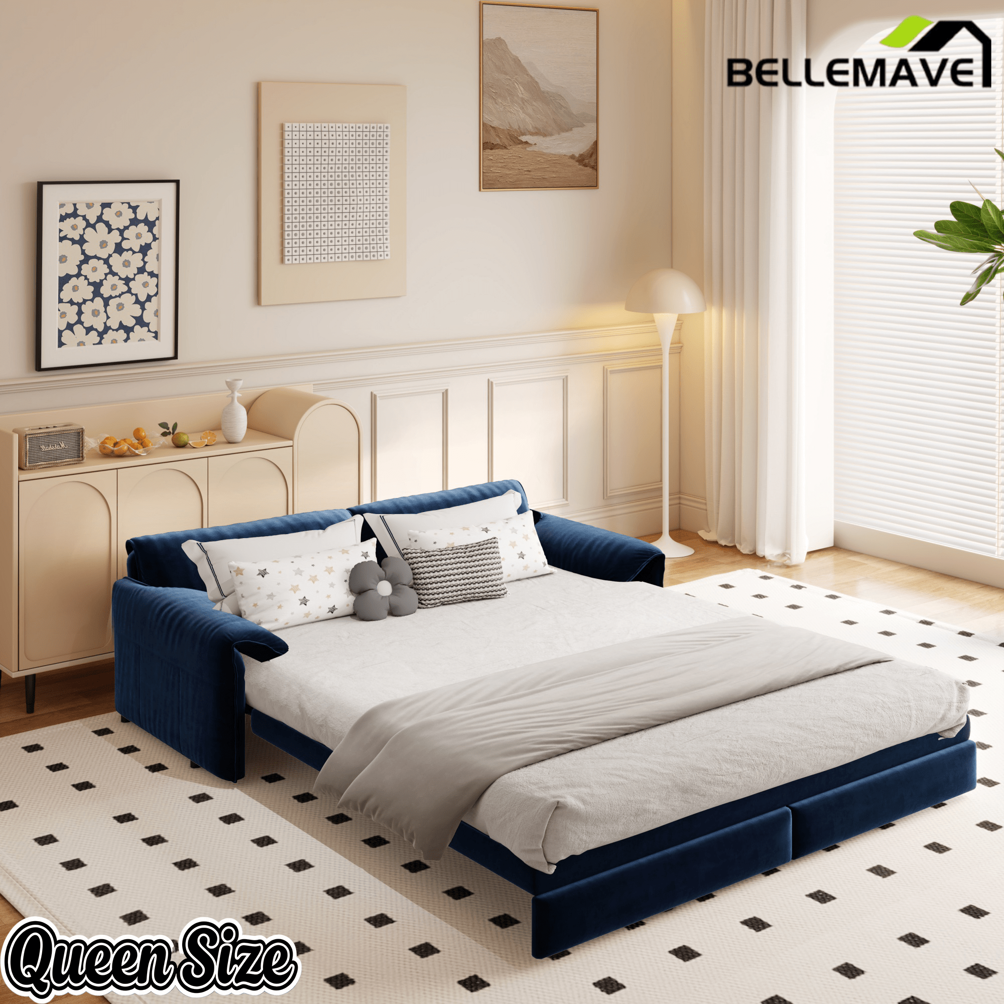 Bellemave® 66'' Velvet Queen Sleeper Sofa Bed, 3 - in - 1 Convertible Couch with Armrest for Living Room & Apartment - Bellemave