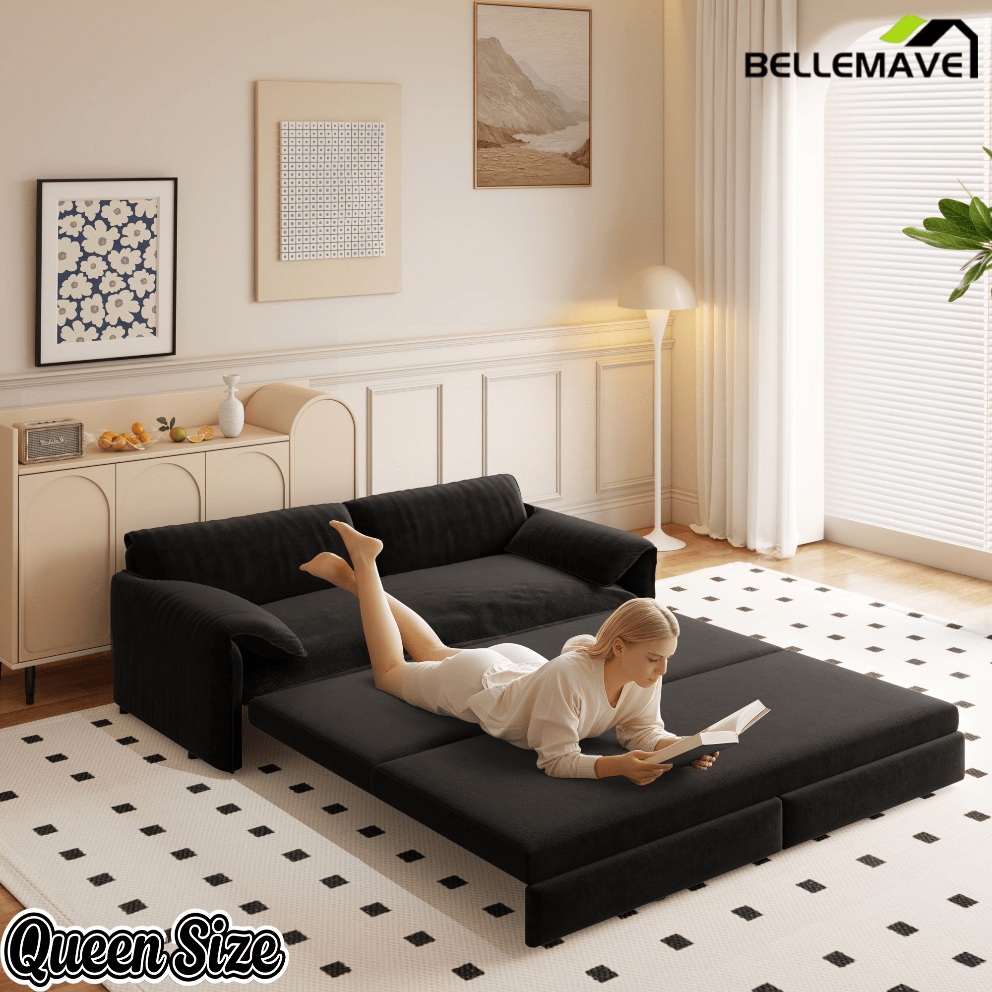 Bellemave® 66'' Velvet Queen Sleeper Sofa Bed, 3 - in - 1 Convertible Couch with Armrest for Living Room & Apartment - Bellemave