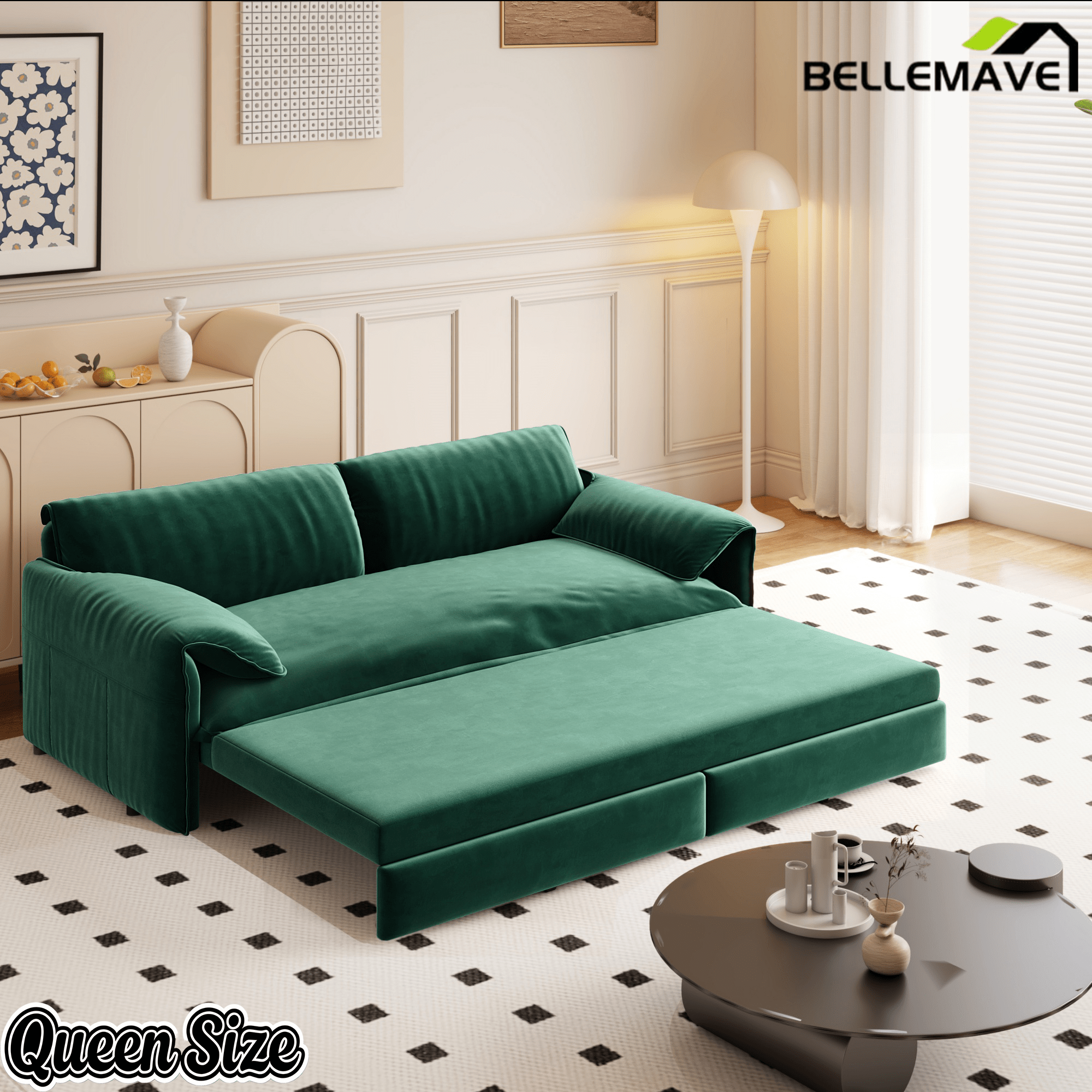 Bellemave® 66'' Velvet Queen Sleeper Sofa Bed, 3 - in - 1 Convertible Couch with Armrest for Living Room & Apartment - Bellemave