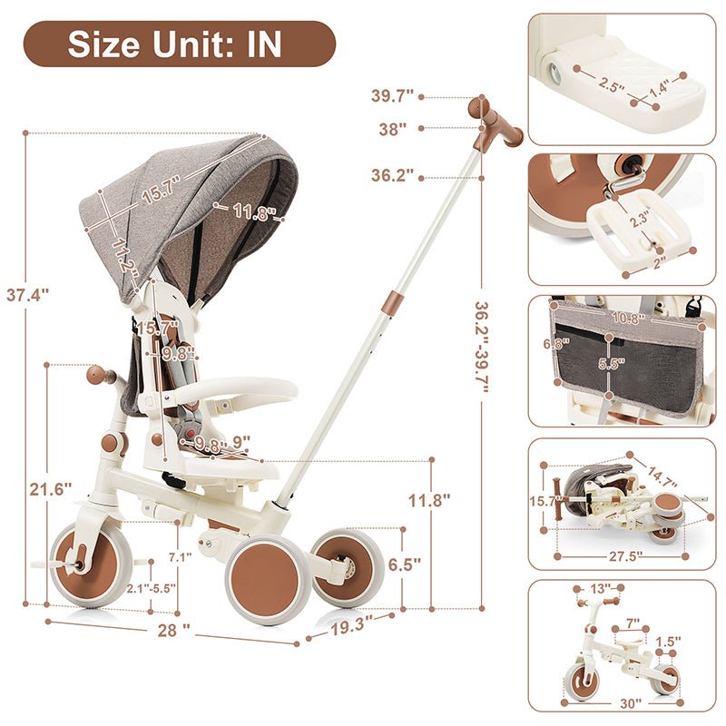 Bellemave® 7 in 1 Foldable Toddler Tricycle with Removable and Adjustable Parent Handle, Removable Pedal, Canopy, Guardrail（for 12 - 72 Months） - Bellemave