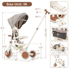 Bellemave® 7 in 1 Foldable Toddler Tricycle with Removable and Adjustable Parent Handle, Removable Pedal, Canopy, Guardrail（for 12 - 72 Months） - Bellemave