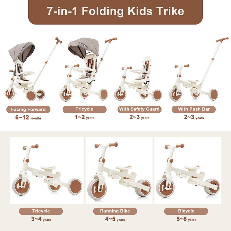 Bellemave® 7 in 1 Foldable Toddler Tricycle with Removable and Adjustable Parent Handle, Removable Pedal, Canopy, Guardrail（for 12 - 72 Months） - Bellemave