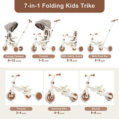 Bellemave® 7 in 1 Foldable Toddler Tricycle with Removable and Adjustable Parent Handle, Removable Pedal, Canopy, Guardrail（for 12 - 72 Months） - Bellemave