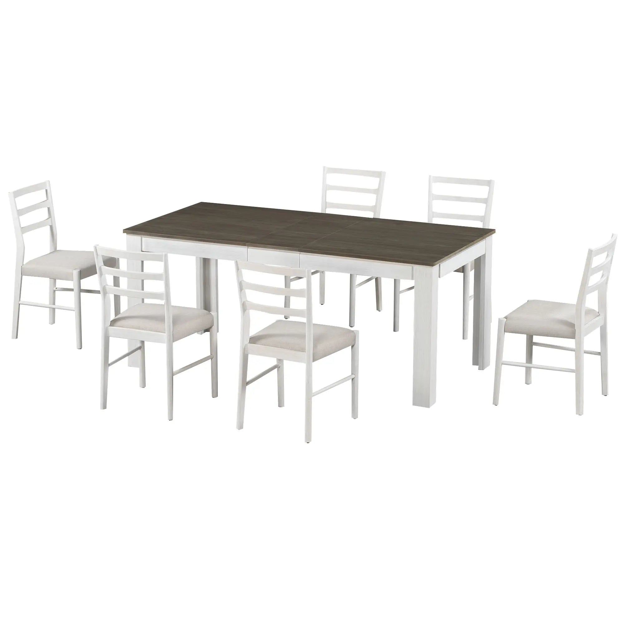 Bellemave® 7 - Piece Wooden Dining Table Set Multifunctional Extendable Table with Leaf and 2 Drawers, 6 Soft Cushion Dining Chairs - Bellemave