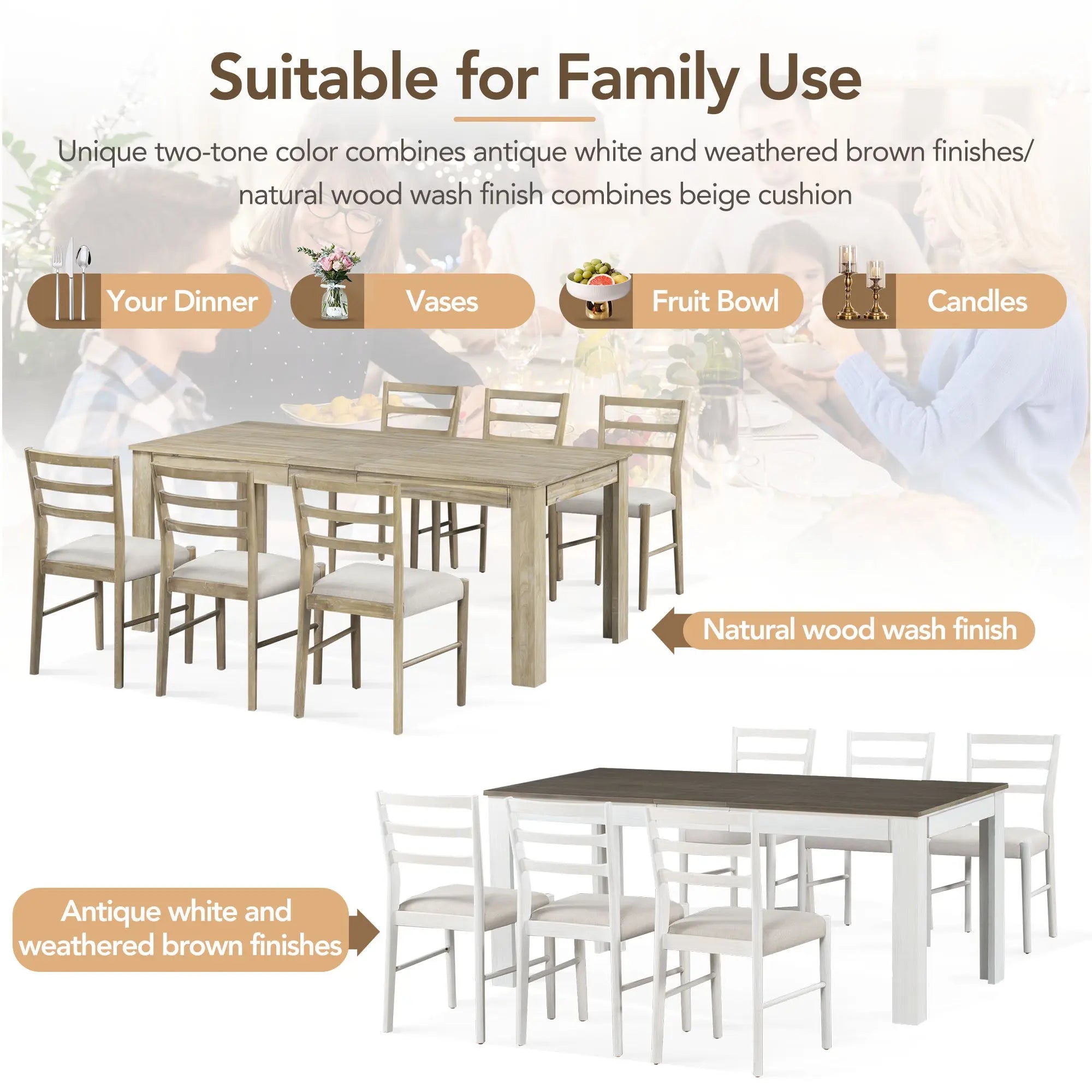 Bellemave® 7 - Piece Wooden Dining Table Set Multifunctional Extendable Table with Leaf and 2 Drawers, 6 Soft Cushion Dining Chairs - Bellemave