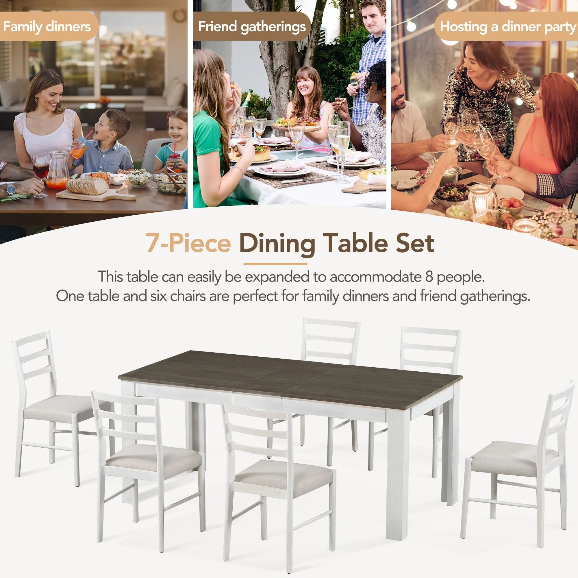 Bellemave® 7 - Piece Wooden Dining Table Set Multifunctional Extendable Table with Leaf and 2 Drawers, 6 Soft Cushion Dining Chairs - Bellemave