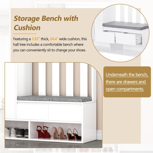 Bellemave® 70.8" Hall Tree Storage with Cushioned Storage Bench, Pegboard and 4 Hooks - Bellemave