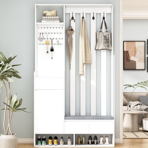 Bellemave® 70.8" Hall Tree Storage with Cushioned Storage Bench, Pegboard and 4 Hooks - Bellemave