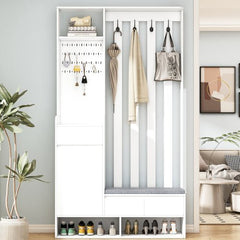 Bellemave® 70.8" Hall Tree Storage with Cushioned Storage Bench, Pegboard and 4 Hooks - Bellemave