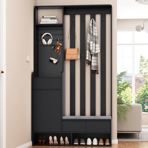 Bellemave® 70.8" Hall Tree Storage with Cushioned Storage Bench, Pegboard and 4 Hooks - Bellemave