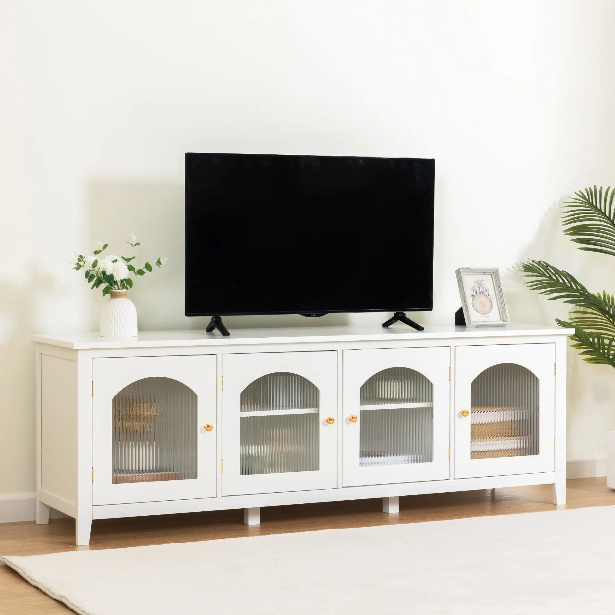 Bellemave® 71" chstylish TV Cabinet Entertainment Center TV Stand Solid Wood Frame,ChangHong Glass Door,Metal Handle - Bellemave