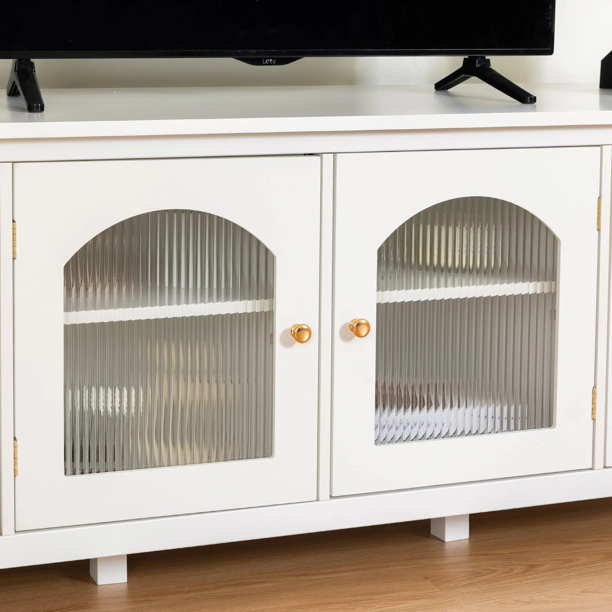 Bellemave® 71" chstylish TV Cabinet Entertainment Center TV Stand Solid Wood Frame,ChangHong Glass Door,Metal Handle - Bellemave