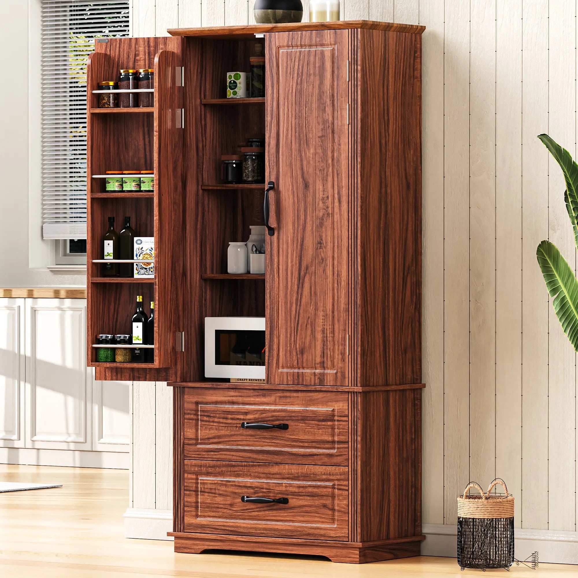 Bellemave® 71" Embossed Texture Freestanding Cupboard Cabinet with 2 Large Drawers, 8 Door Shelves and 3 Cabinet Shelves - Bellemave