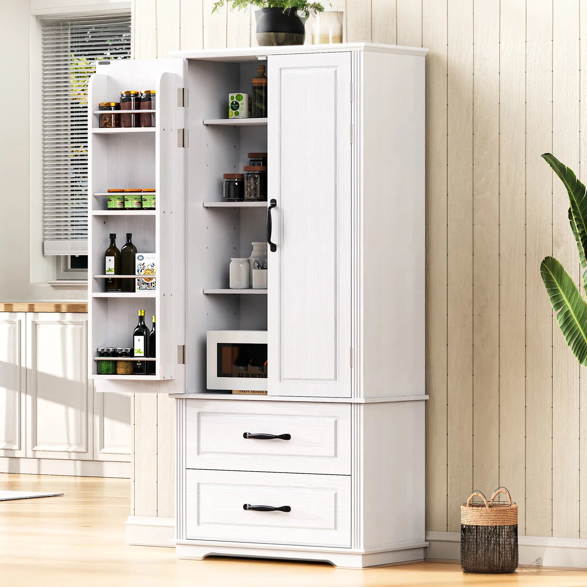 Bellemave® 71" Embossed Texture Freestanding Cupboard Cabinet with 2 Large Drawers, 8 Door Shelves and 3 Cabinet Shelves - Bellemave