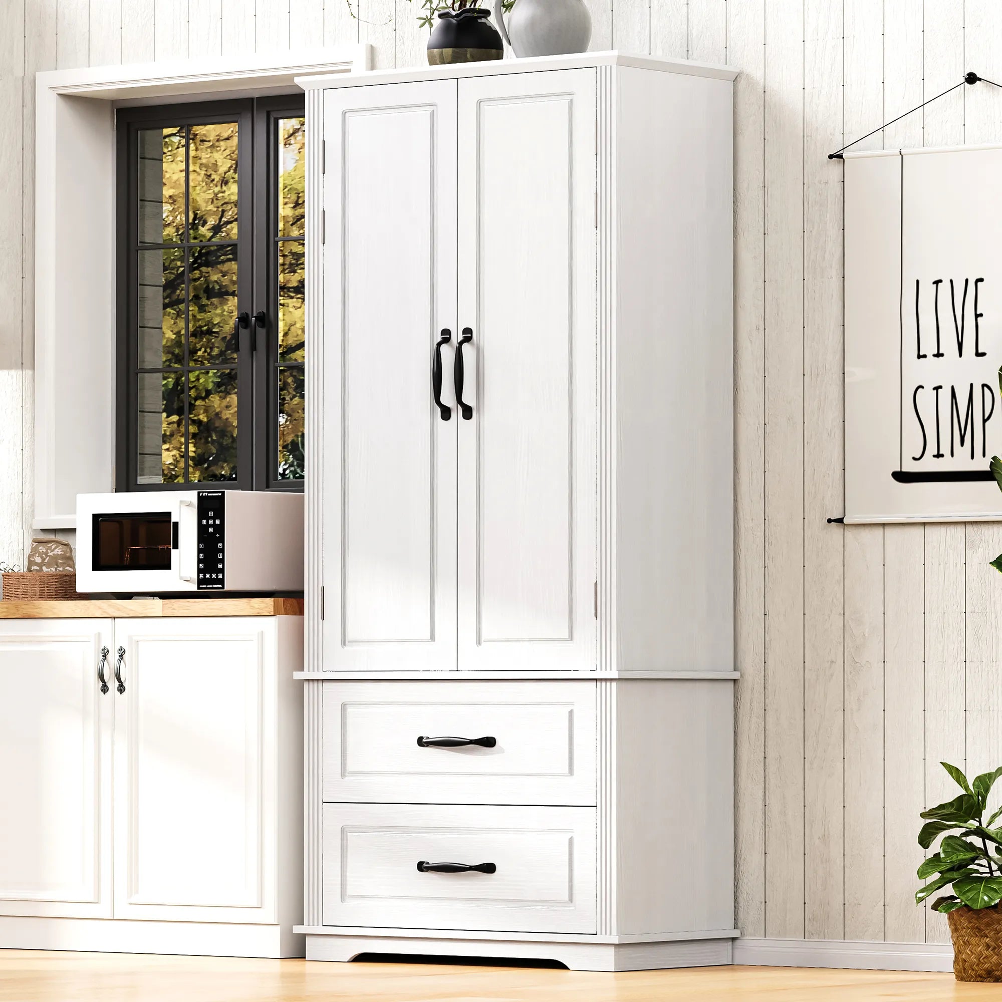 Bellemave® 71" Embossed Texture Freestanding Cupboard Cabinet with 2 Large Drawers, 8 Door Shelves and 3 Cabinet Shelves - Bellemave