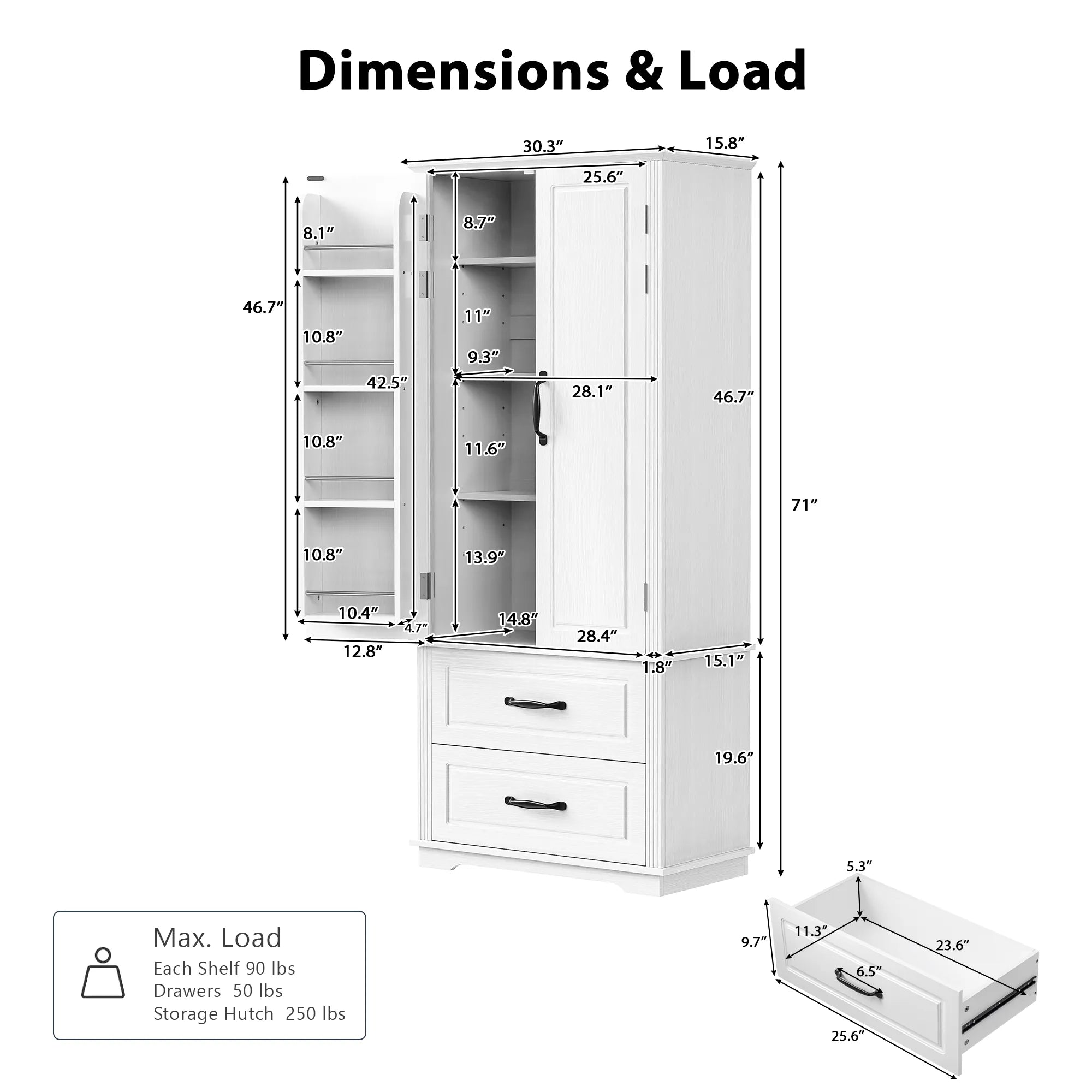 Bellemave® 71" Embossed Texture Freestanding Cupboard Cabinet with 2 Large Drawers, 8 Door Shelves and 3 Cabinet Shelves - Bellemave