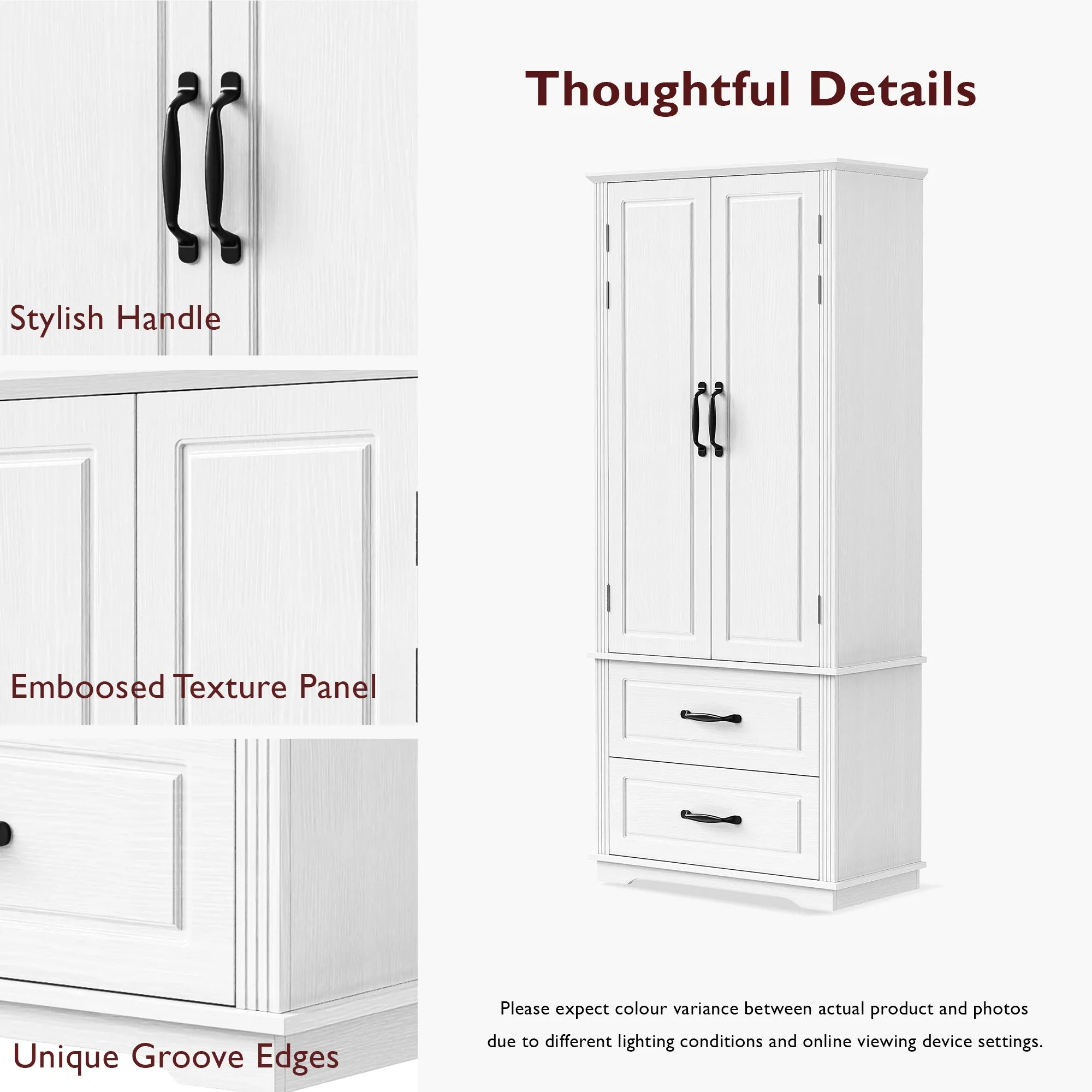 Bellemave® 71" Embossed Texture Freestanding Cupboard Cabinet with 2 Large Drawers, 8 Door Shelves and 3 Cabinet Shelves - Bellemave