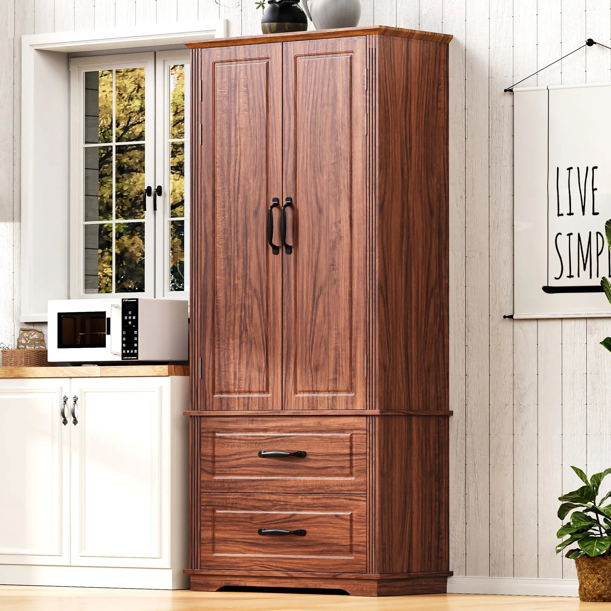 Bellemave® 71" Embossed Texture Freestanding Cupboard Cabinet with 2 Large Drawers, 8 Door Shelves and 3 Cabinet Shelves - Bellemave