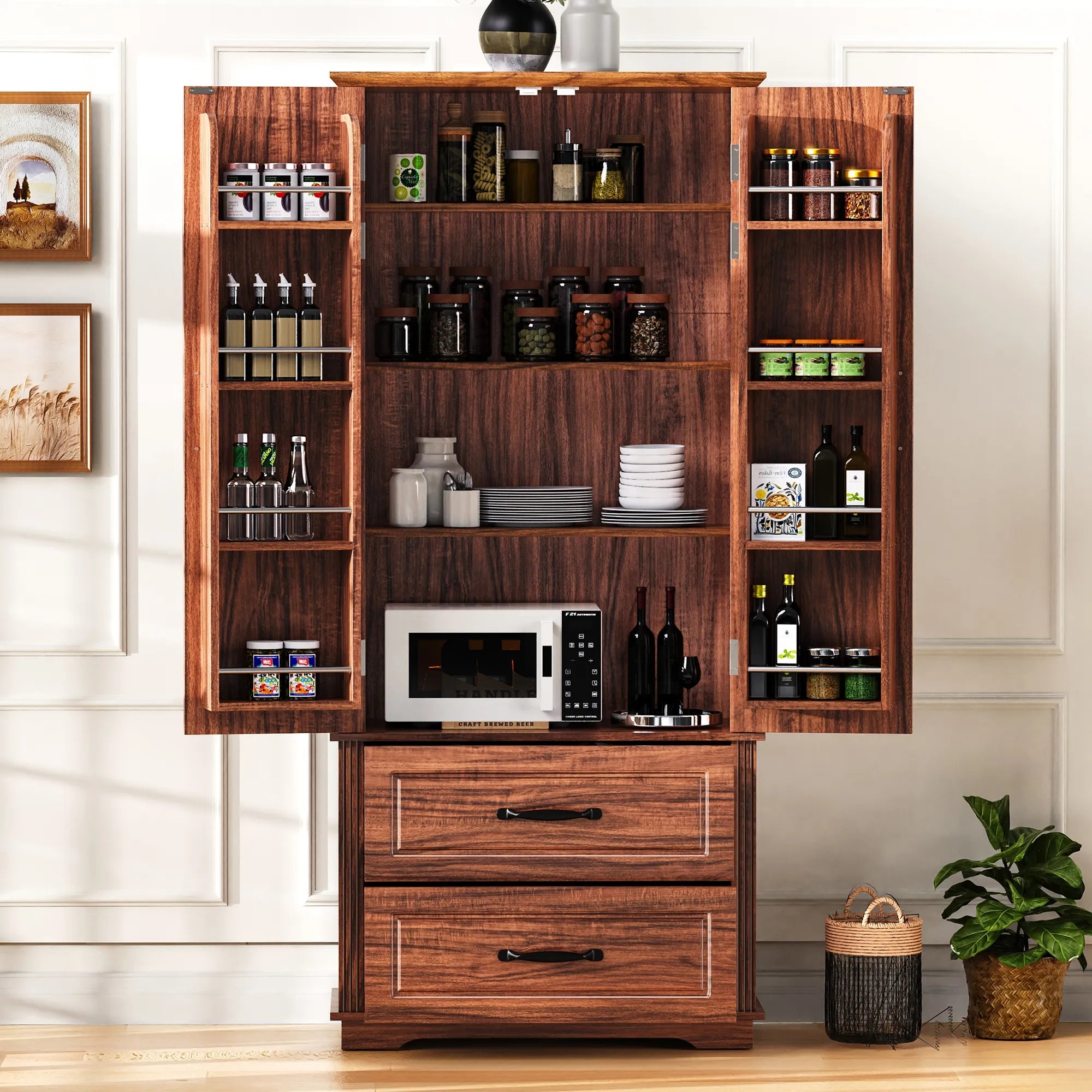 Bellemave® 71" Embossed Texture Freestanding Cupboard Cabinet with 2 Large Drawers, 8 Door Shelves and 3 Cabinet Shelves - Bellemave