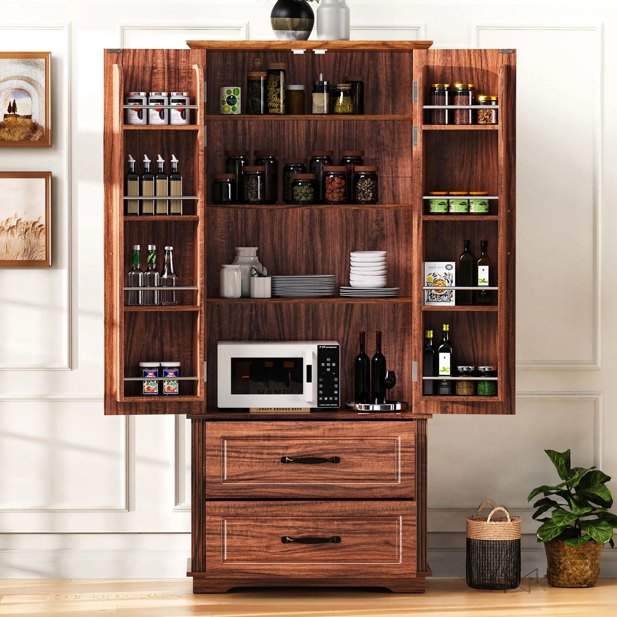 Bellemave® 71" Embossed Texture Freestanding Cupboard Cabinet with 2 Large Drawers, 8 Door Shelves and 3 Cabinet Shelves - Bellemave