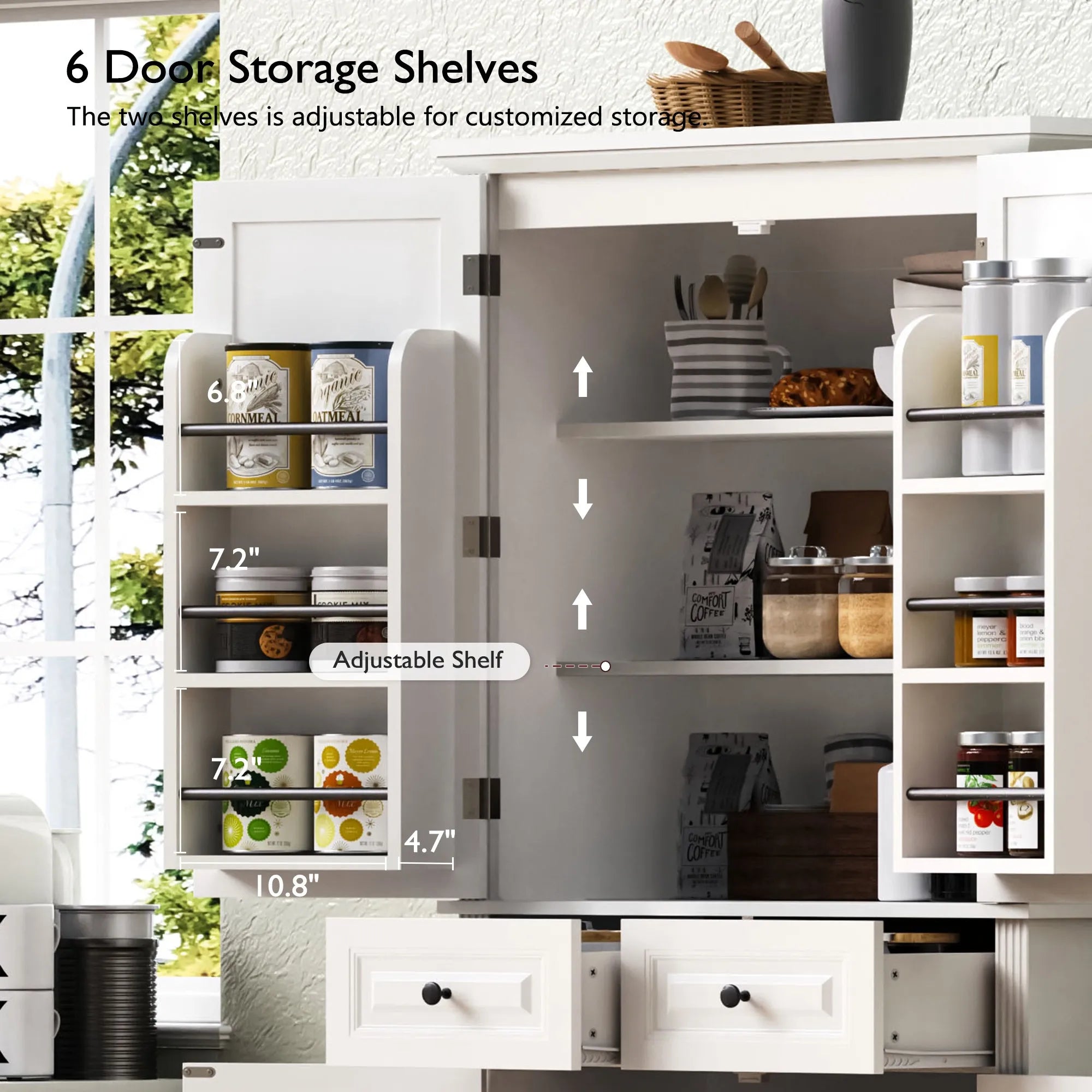 Bellemave® 71" Farmhouse Embossed Texture Storage Cabinet with 3 Pull Out Cabinet Organizers, 6 Door Shelves and 2 Drawers - Bellemave