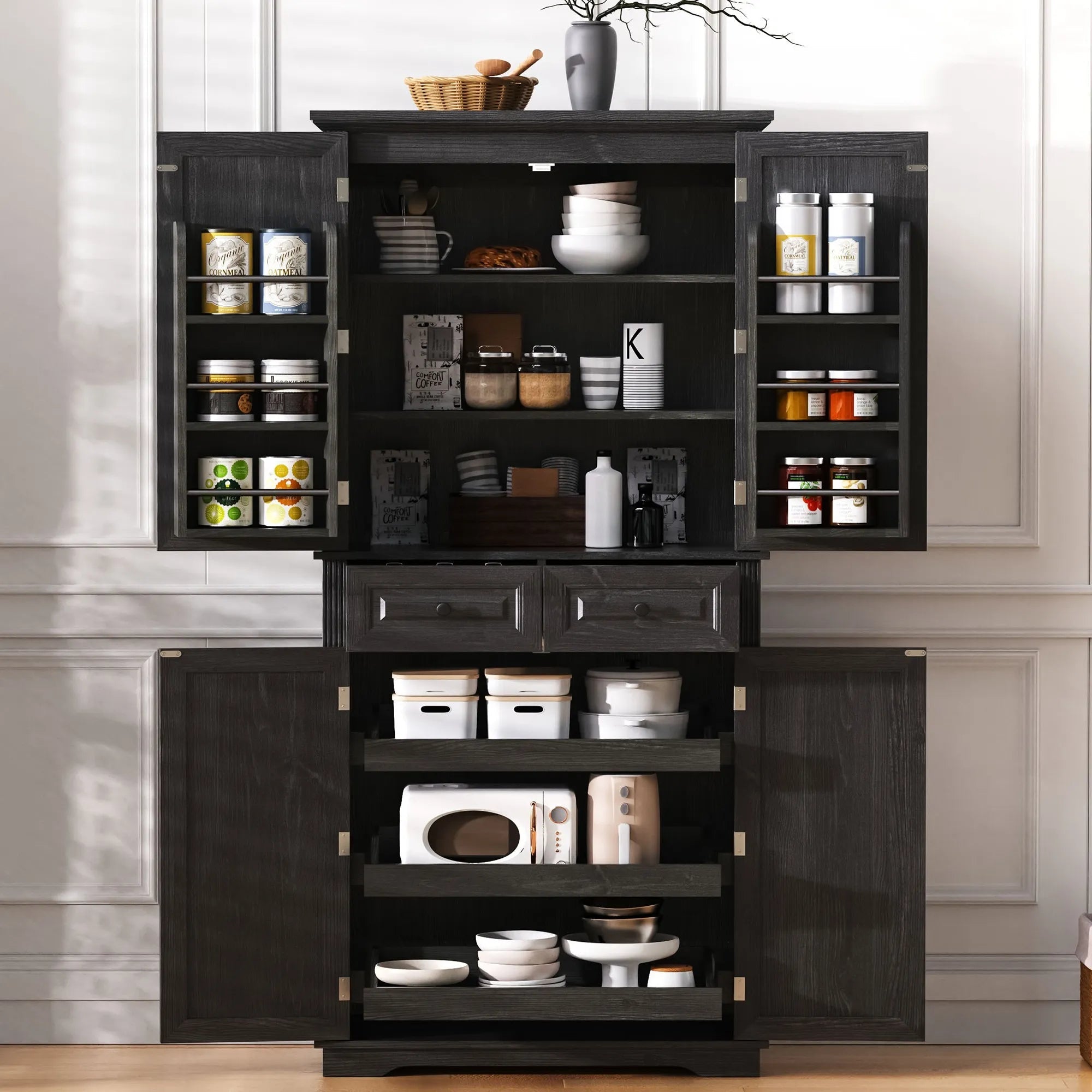 Bellemave® 71" Farmhouse Embossed Texture Storage Cabinet with 3 Pull Out Cabinet Organizers, 6 Door Shelves and 2 Drawers - Bellemave