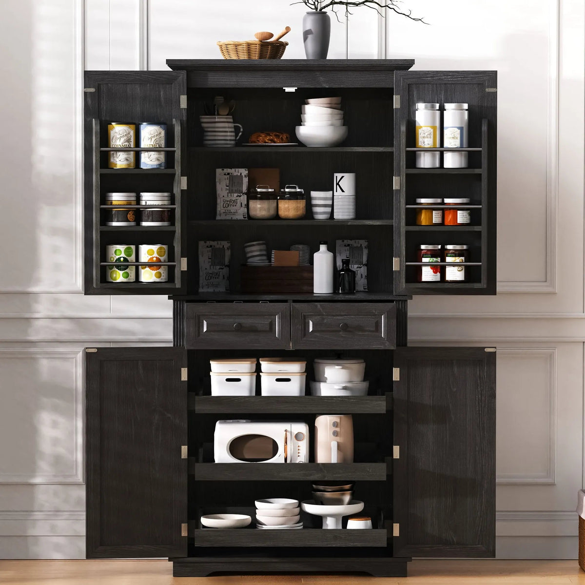 Bellemave® 71" Farmhouse Embossed Texture Storage Cabinet with 3 Pull Out Cabinet Organizers, 6 Door Shelves and 2 Drawers - Bellemave