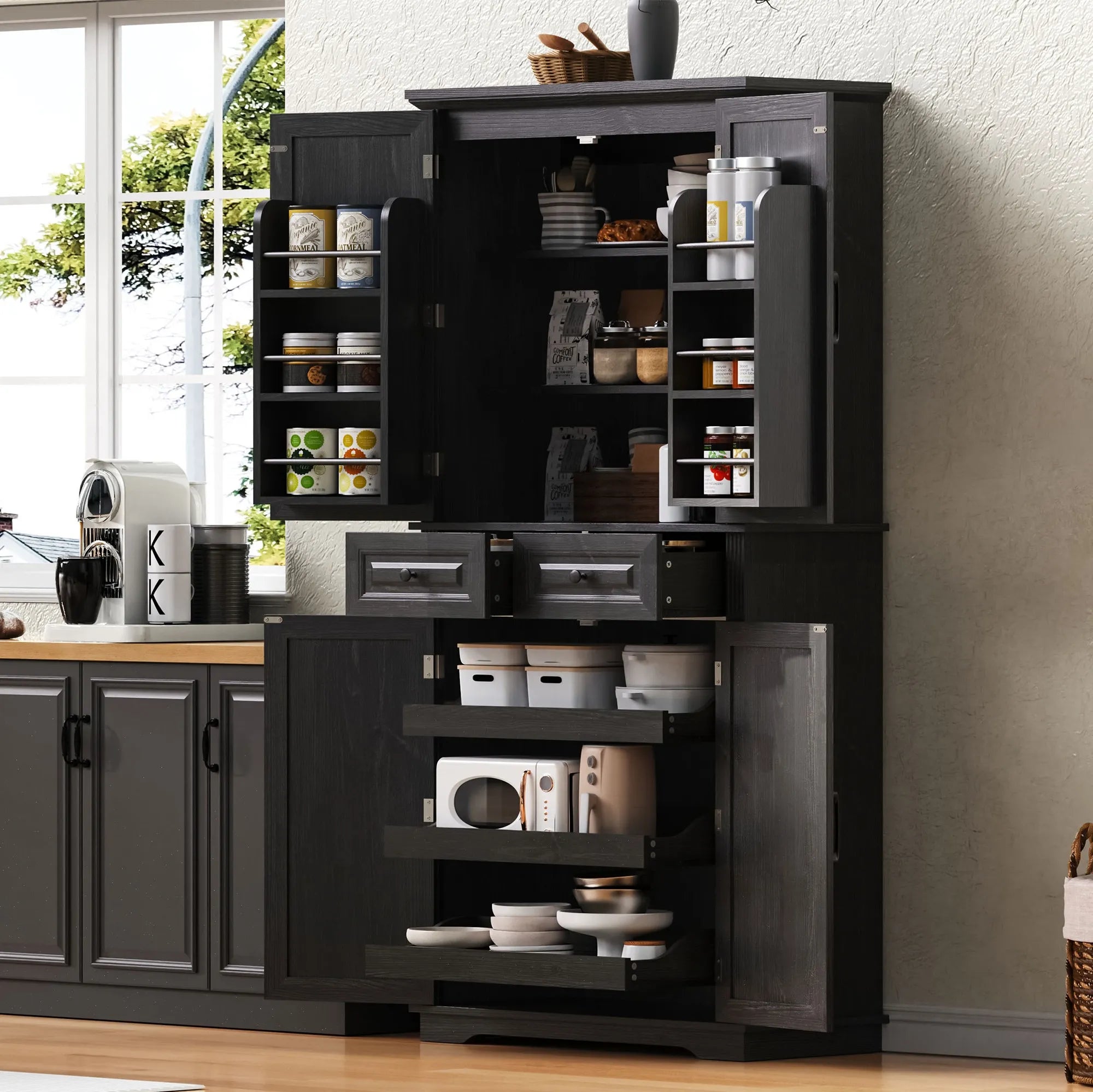 Bellemave® 71" Farmhouse Embossed Texture Storage Cabinet with 3 Pull Out Cabinet Organizers, 6 Door Shelves and 2 Drawers - Bellemave