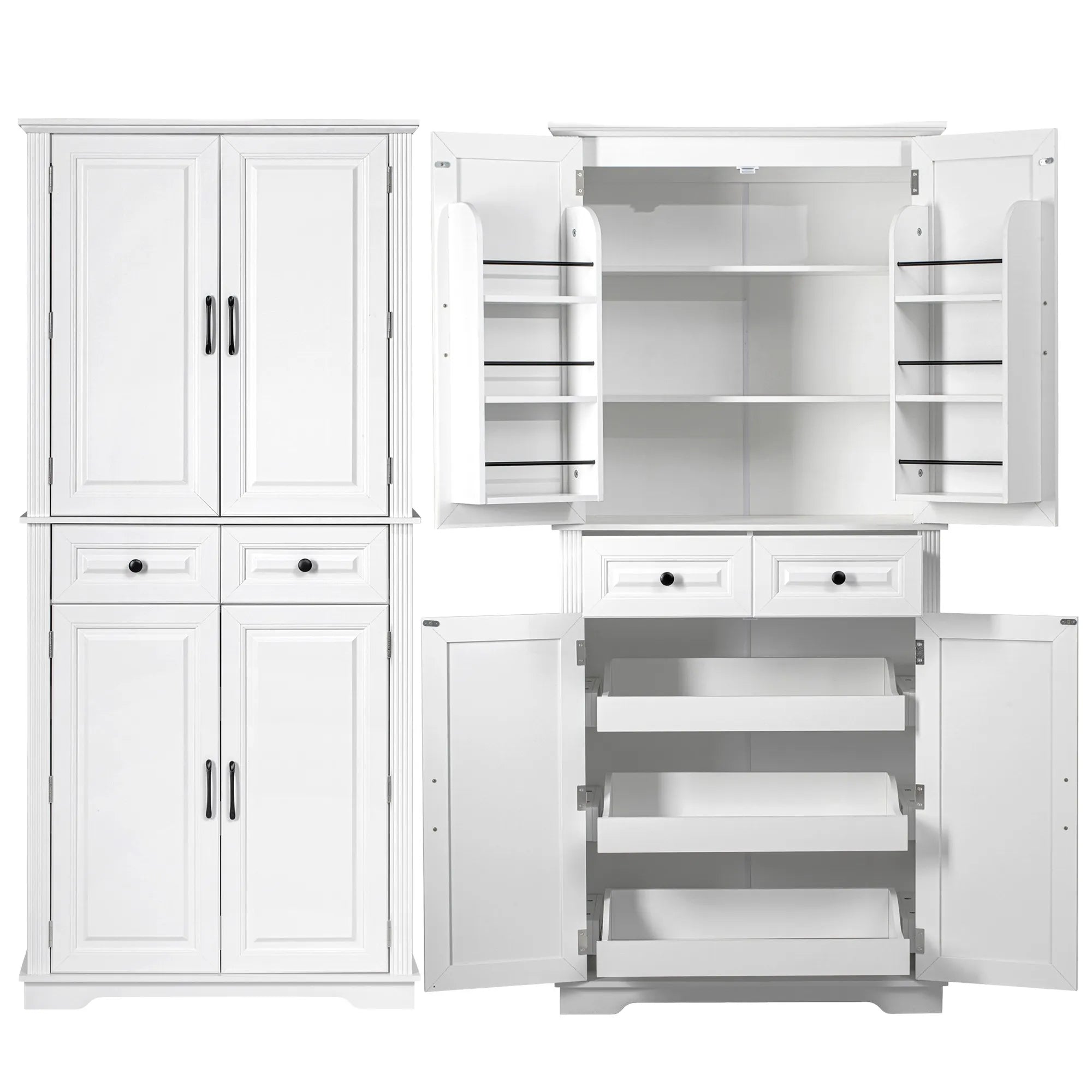 Bellemave® 71" Farmhouse Embossed Texture Storage Cabinet with 3 Pull Out Cabinet Organizers, 6 Door Shelves and 2 Drawers - Bellemave