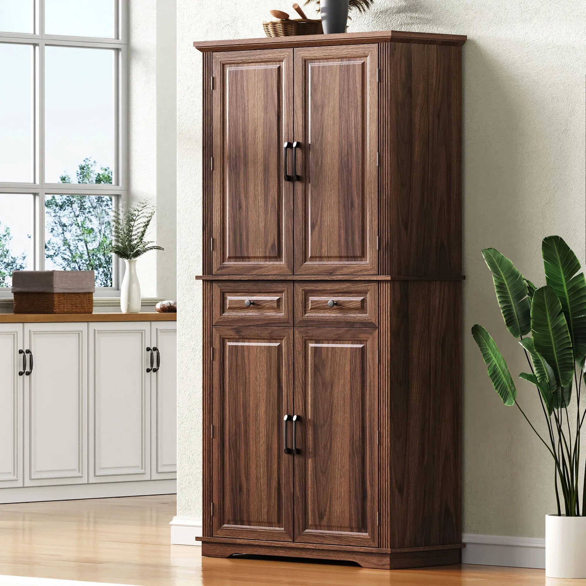 Bellemave® 71" Farmhouse Embossed Texture Storage Cabinet with 3 Pull Out Cabinet Organizers, 6 Door Shelves and 2 Drawers - Bellemave
