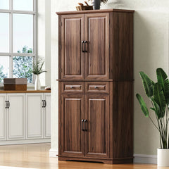Bellemave® 71" Farmhouse Embossed Texture Storage Cabinet with 3 Pull Out Cabinet Organizers, 6 Door Shelves and 2 Drawers - Bellemave