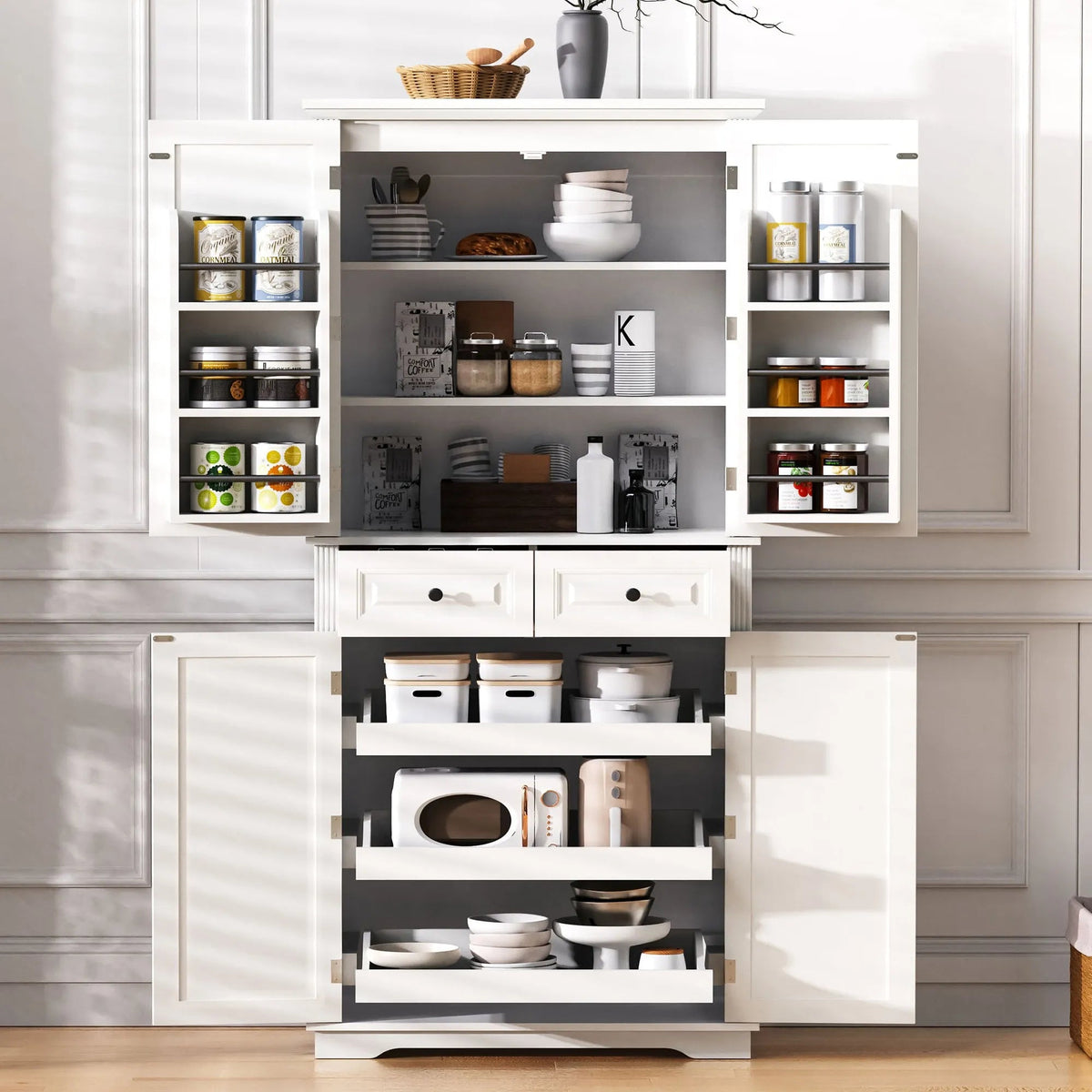 Bellemave® 71" Farmhouse Embossed Texture Storage Cabinet with 3 Pull Out Cabinet Organizers, 6 Door Shelves and 2 Drawers - Bellemave