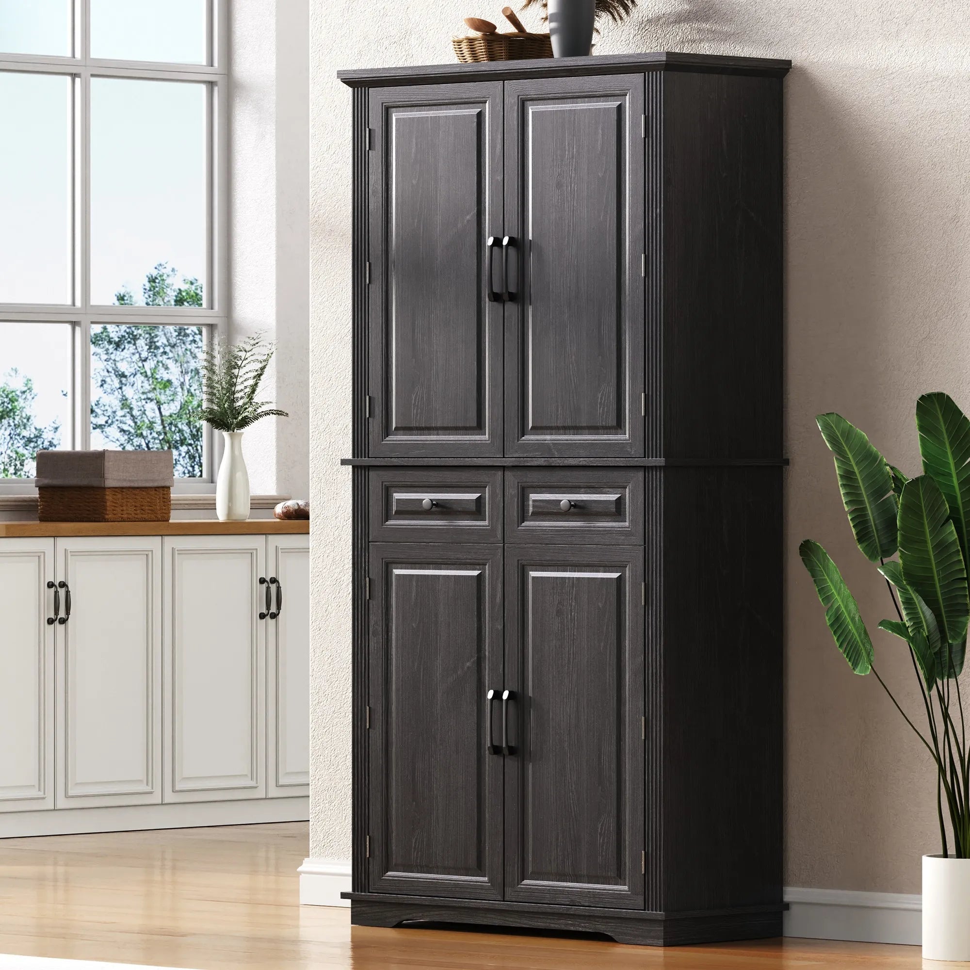 Bellemave® 71" Farmhouse Embossed Texture Storage Cabinet with 3 Pull Out Cabinet Organizers, 6 Door Shelves and 2 Drawers - Bellemave