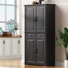 Bellemave® 71" Farmhouse Embossed Texture Storage Cabinet with 3 Pull Out Cabinet Organizers, 6 Door Shelves and 2 Drawers - Bellemave