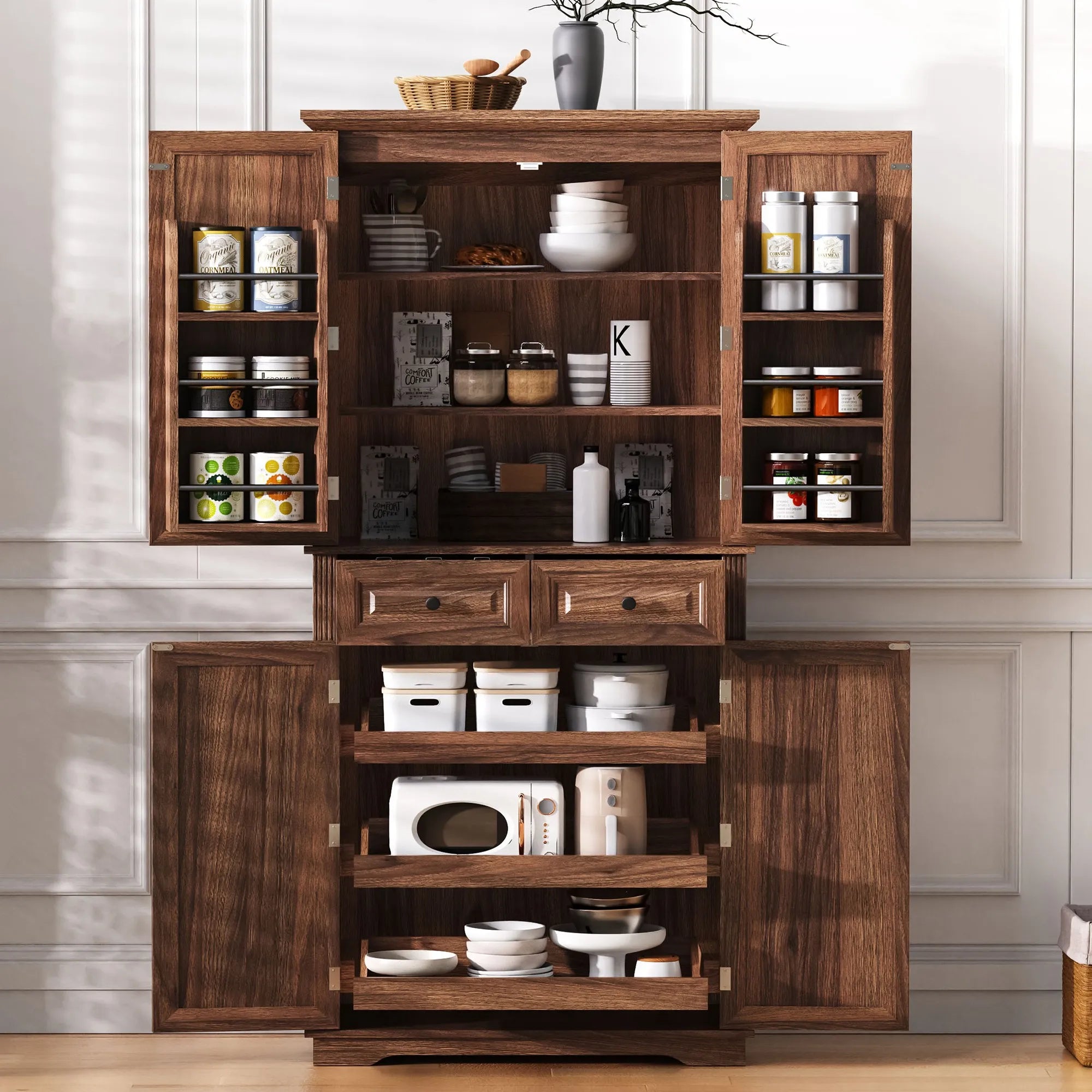 Bellemave® 71" Farmhouse Embossed Texture Storage Cabinet with 3 Pull Out Cabinet Organizers, 6 Door Shelves and 2 Drawers - Bellemave