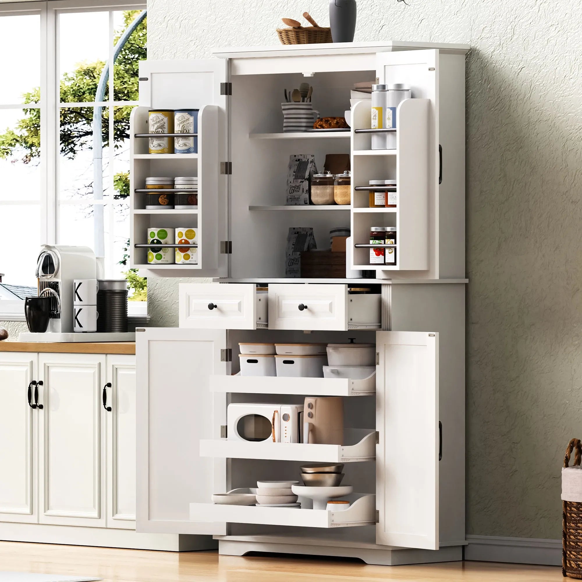 Bellemave® 71" Farmhouse Embossed Texture Storage Cabinet with 3 Pull Out Cabinet Organizers, 6 Door Shelves and 2 Drawers - Bellemave