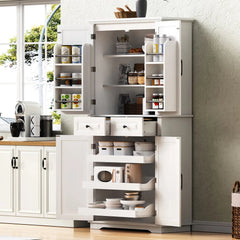 Bellemave® 71" Farmhouse Embossed Texture Storage Cabinet with 3 Pull Out Cabinet Organizers, 6 Door Shelves and 2 Drawers - Bellemave